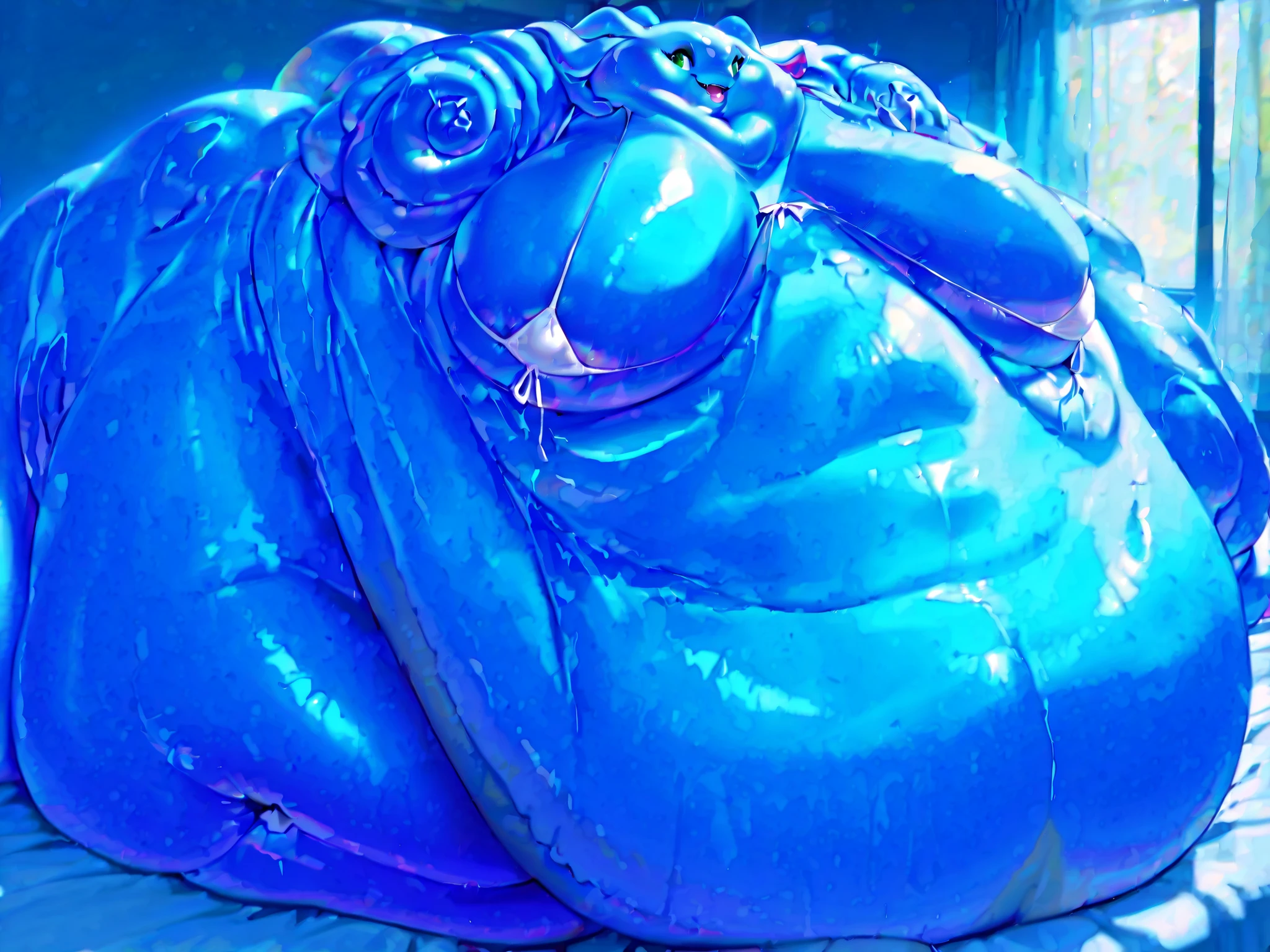 A morbidly obese beautiful and gorgeous female arctic wolf with long hair and eyelashes and nails,fat arms, fat legs and belly rolls,small feet , coloured nails, sitting in bed, huge belly, chubby cheeks, double chin,fat rolls, fat neck,huge breasts , hyper, hyper blob, hyper blob, long nipples