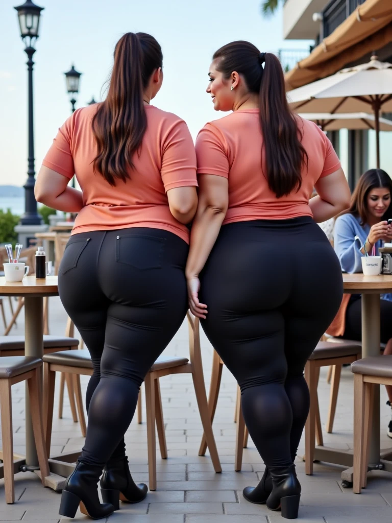 fat ssbbw curvy bottom heavy pear shaped wide hiped british women, 30 brunette, they are standing together near the pool, they are wearing tight low waisted leggings, and short sleeved button up hawaiian shirts, view from behind