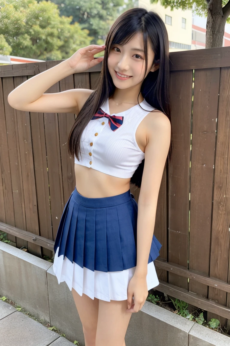 ((Ultra-high resolution)),8K,15 years old、Small breasts, , Twin tails, Red mini skirt, Navy blue tie、white shirt with open front、、Small cleavage 2:1,Idol Sculpture, Wet, smile、Pink wall、sexy、slender、Shapely small breasts、I can see your thighs、