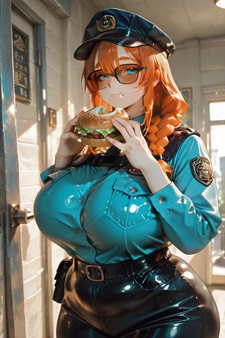 beautiful busty eating ((whole roasted turkey) dishes), fully clothed, brown hair, gigantic breasts, giga_busty.