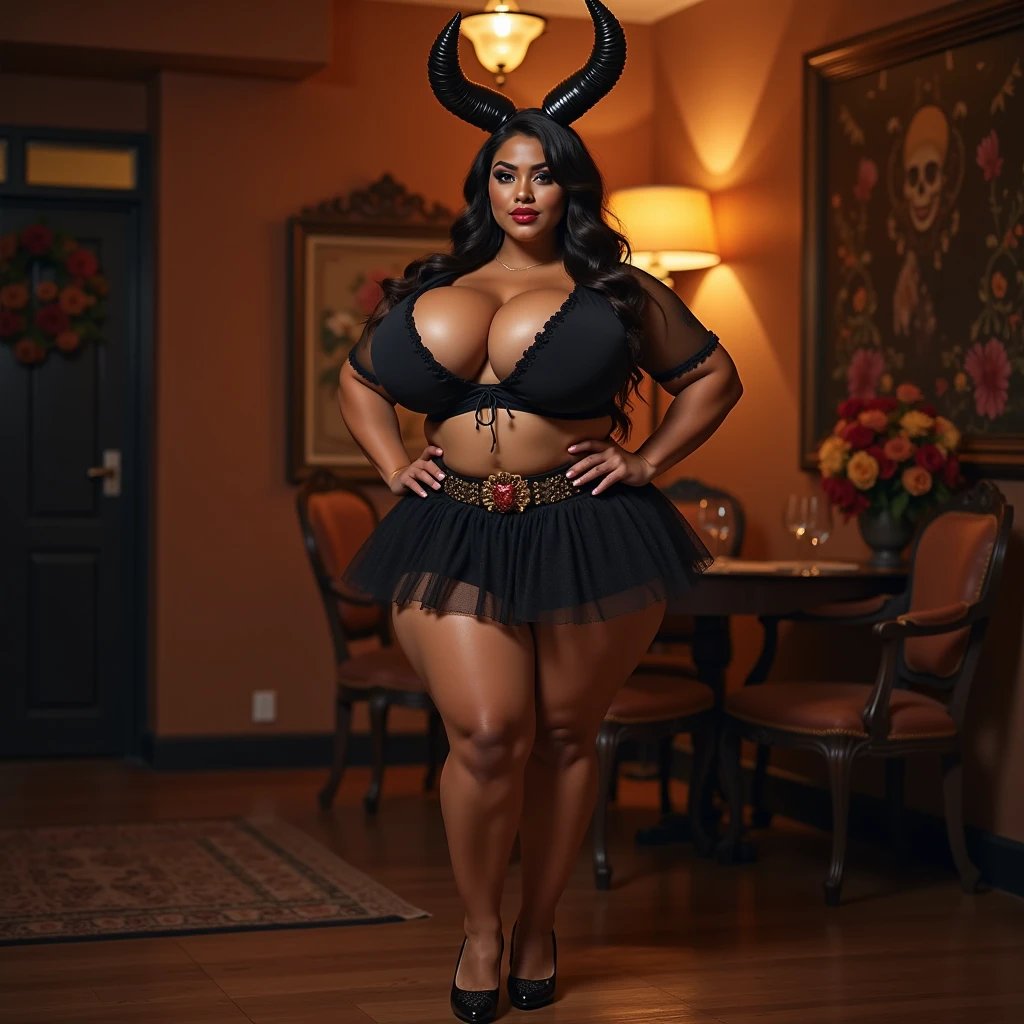 Full body Portrait of a demoness character with a heavy physique, extremely voluptuous and gorgeous. She exudes a powerful yet seductive presence, with sharp horns, flowing dark hair, and intricate tattoos adorning her skin. Her eyes glow with an otherworldly charm, and she is surrounded by an aura of dark magic. Capture her essence as a fierce and alluring figure that commands attention and admiration."8k resolution, dynamic lighting hyperdetailed intricately detailed Splash art trending on Artstation triadic colors Unreal Engine 5 volumetric lighting, oil painting, heavy strokes
