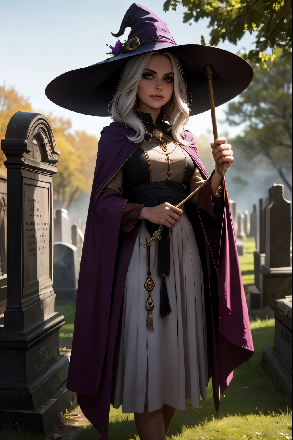 A middle-aged witch with long, silver-streaked raven hair hovers over a mist-shrouded cemetery. Her face is both wise and mysterious, marked by a timeless beauty. She wears a dark purple cloak adorned with arcane symbols, which billows in the wind. She clutches a staff inlaid with pulsating gems, from which thin strands of golden magic spring. Around her, floating shadows hide among the gravestones, drawn to her power. Despite the eerie air of the scene, her gaze is warm and captivating, with an enigmatic smile that makes one wonder if she is more guidance than threat.