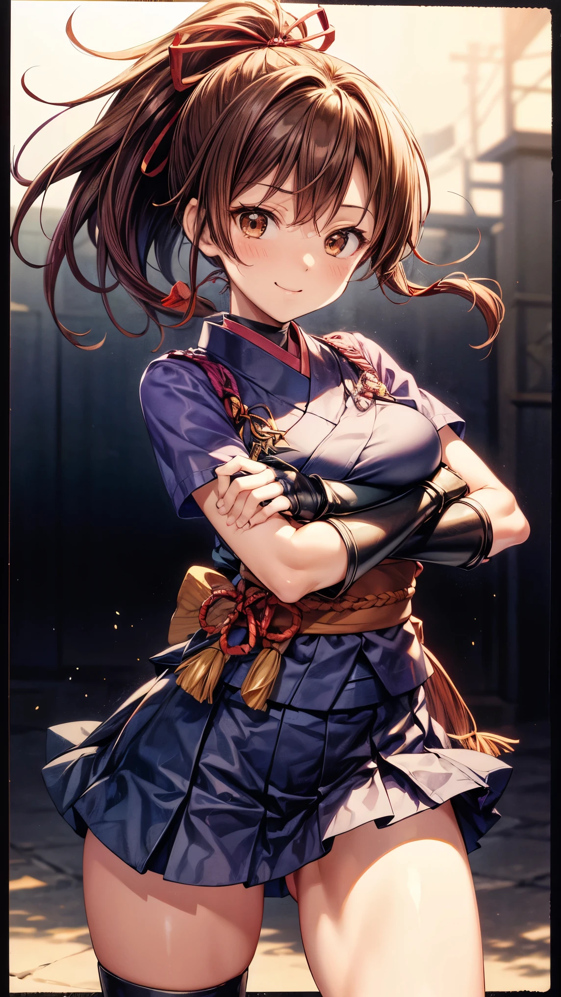 Top quality, very delicate and beautiful, girl, 11 years old, (dark brown hair), blue clothes with vertical buttons, belt at the waist, white skirt, (ponytail)), (white hair band), (brown boots), blue eyes, standing, smile, (a large amount of blood back on clothes), hateful expression, strange eyes, (bloodwet), dark falling, (clothes bloody)