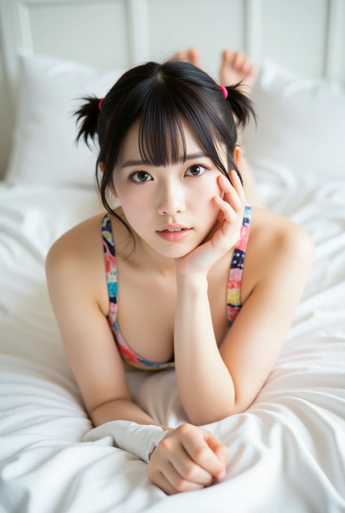 (Top image quality, 8K, masterpiece), top-quality, 超A high resolution,Japan Girl, 18year old、(From above:1.3), Wearing multi-colored underwear、Detailed details, on the beds、sitting and spreading her legs、 kawaii faces, Melancholy look, 二重まぶた、huge-breasted、Light hair color、long、bob cuts、dishevled hair、Night view window on background、电影灯光, Photorealsitic, real looking skin, nffsw,