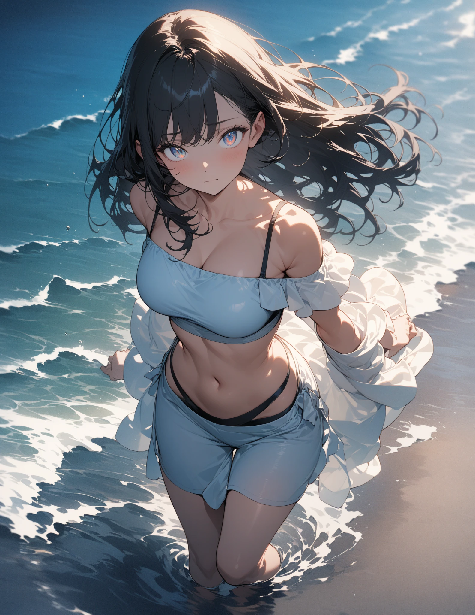 (Official art、Best Quality、Unity 8k Wallpapers、32K、masterpiece、ultra-detailliert、超A high resolution、realisitic、Photorealsitic:1.2)、(natural soft light:1.2)、Fireglow effect、film grains、Best Shadows、Rim lighting、side lights、sideshot、(Ultra-detailed and complex 3D rendering)、Detailed beautiful face and eyes、Sharp pupils、Realistic pupils、Full body, sand beach、beauitful face、blurry backround、18 year old beautiful girl、shinny skin、Wet beautiful black hair、Pulled up wet shirt、Wet Check Mini Skirt、(thighs thighs thighs thighs:0.9)、Barefoot、Curve、Dynamic Poses、Smile with open mouth、Two girls、