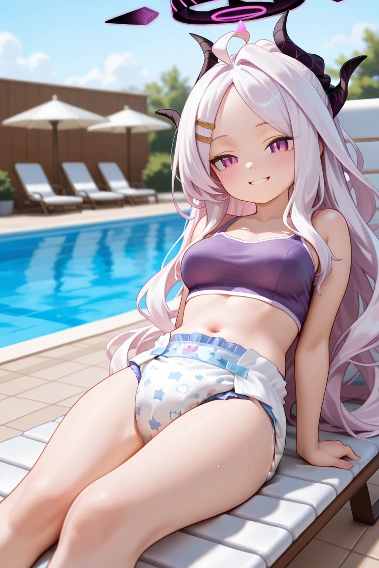 ​masterpiece, top-quality, Best Quality，{{{1 photo}}}, 独奏 {{{senjougahara hitagi/Horntales}}}, long purple hair,straight haired，Blue eyes，red blush，Nasty face，Normal breasts，White Bikini，{{{White Bikini}}}，{{Very long bikini frills of white color}}}，{{{the beach}}}，Beautiful sunset，Great backlight，bare-legged，Bold poses，laying on back，Legs open in an M shape，partially underwater