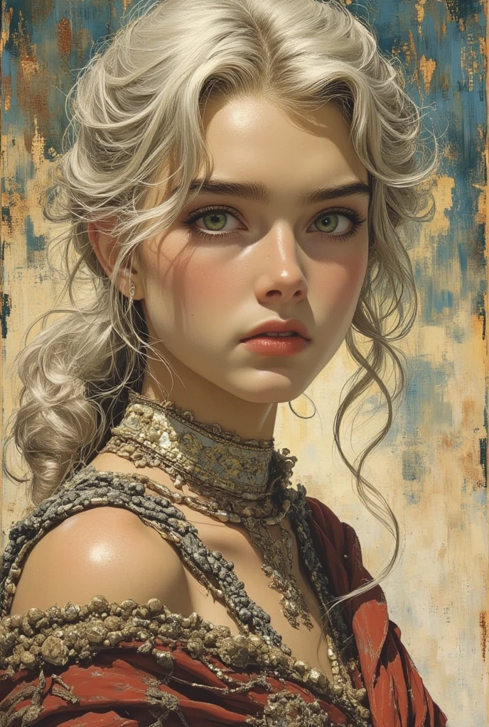 An ultra hot gorgeous European woman.age 23. Cyberpunk. Time traveler. masterpiece, (oil painting, illustration, rococo style, chiaroscuro, depth of field, masterpiece.