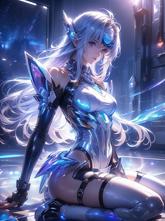 crystal covered, （Full body ：1.3） side shot, alternate color, masterpiece, detailed illustration, realistic, pixiv top quality, exquisite, {{{kawaii 1girl}}}, ultra beauties who fuse with machines, glitter beautiful female, Half of my body is made of machines, transparent glass body, The machines inside the body are transparent, cinematic lighting, dynamic angle, dynamic pose, crystal world, depth of field，Shiny socks，shiny shoes，Crystal stockings
