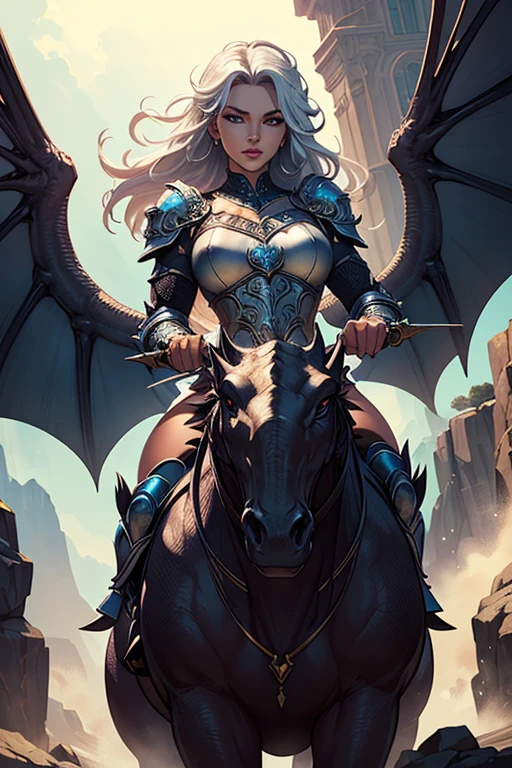 Sexy girl in fantasy with sword and armor riding a dragon