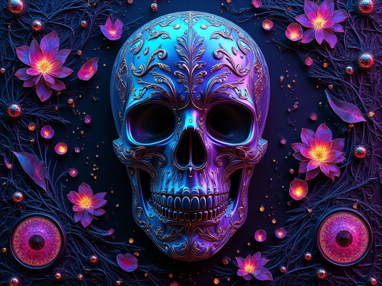  A beautifully detailed ceramic skull，Smooth gloss glaze，Natural pattern, Blue Sea,Delicate leaves, Colorful petals , Warm Lights，Ethereal atmosphere，Ray Tracing, 
