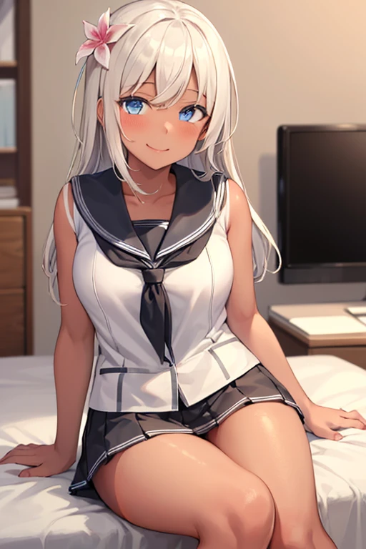 ((masterpiece)), (Highest quality), (Simple style), Silver hair, Straight hair, Sailor uniform, Mini skirt, Legs spread, Bed, Cleavage