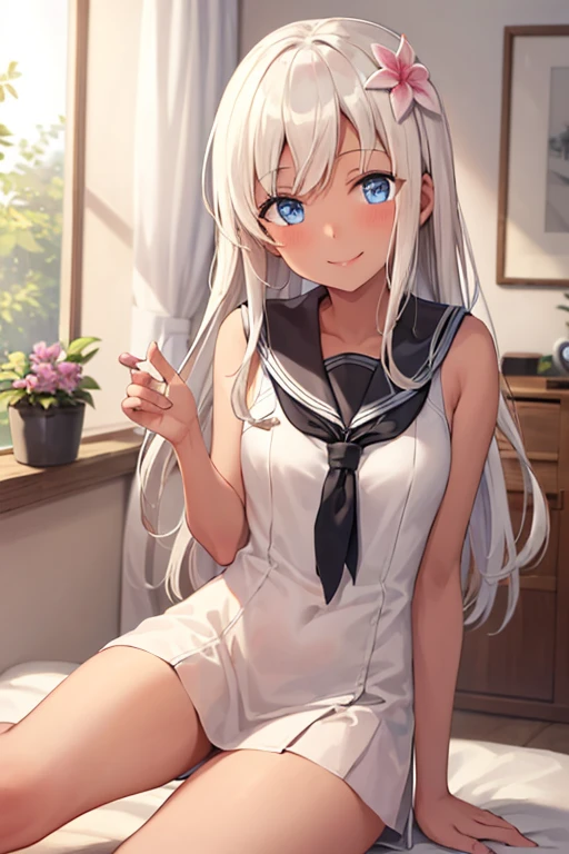 1 girl ,White cat ears,eBlue eyes,Hair, Delicate makeup, ssmile, tempting pose,浴室,perfect bodies, gracefulpose, best faces,Sailor suit with white socks,a black skirt, 8 k artistic photography, Arte conceptual fotorrealista, soft natural volumetric cinematic perfect light, trending on artstationh , vibrant, ultra high quality model, Chiaroscuro