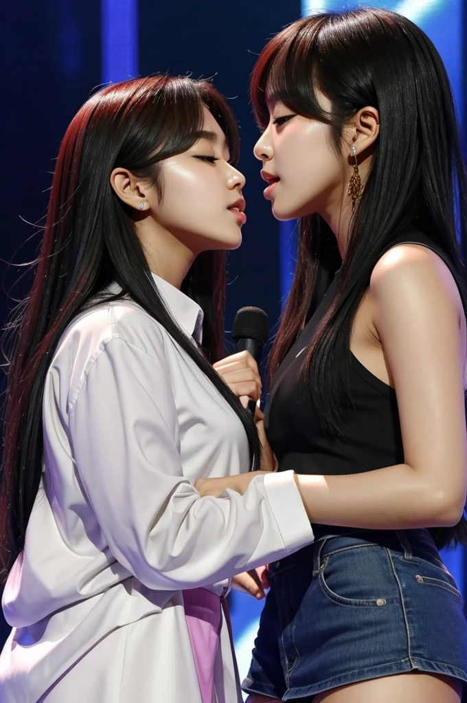 Two female kpop idols kissing on stage