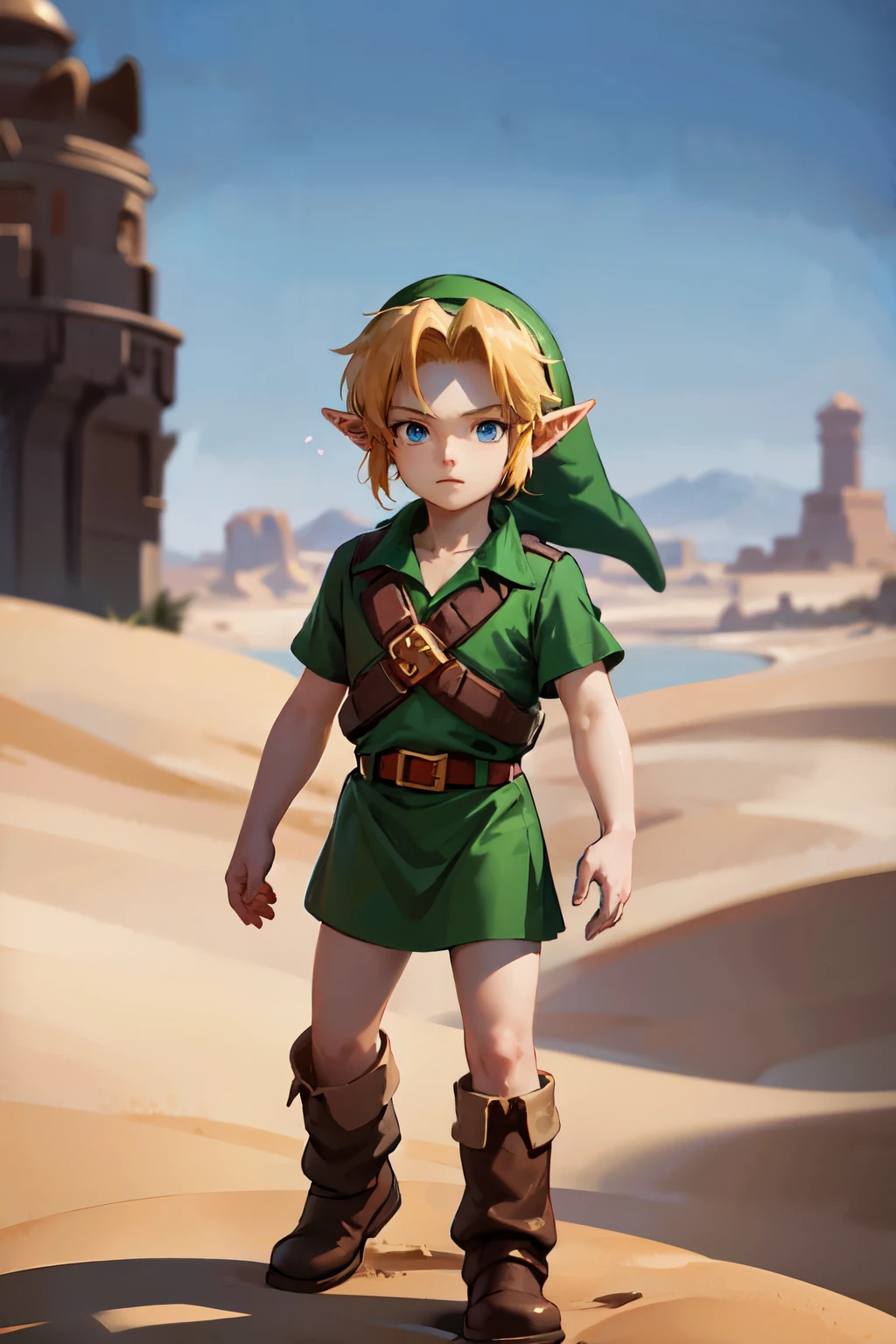 young link, Chico, by rubio, blue eyes, has, pointy ears, ((red tunic, belt, Boots)), looking at the viewer, outside, desert, sunny, way extreme detail, HdR, beautiful quality, masterpiece,