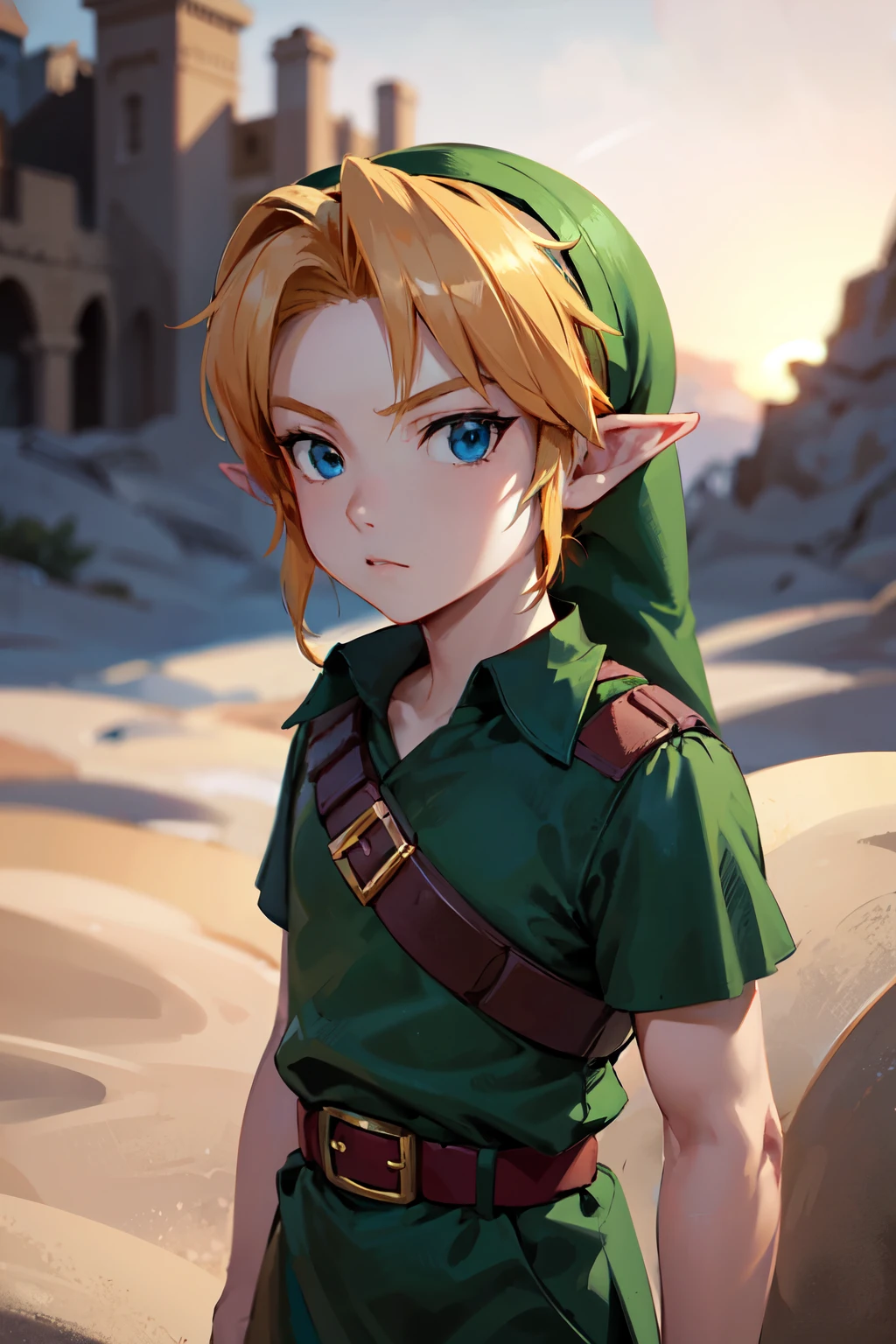 young link, Chico, by rubio, blue eyes, has, pointy ears, ((red tunic, belt, Boots)), looking at the viewer, outside, desert, sunny, extreme detail, HdR, beautiful quality, masterpiece, close up, upper body