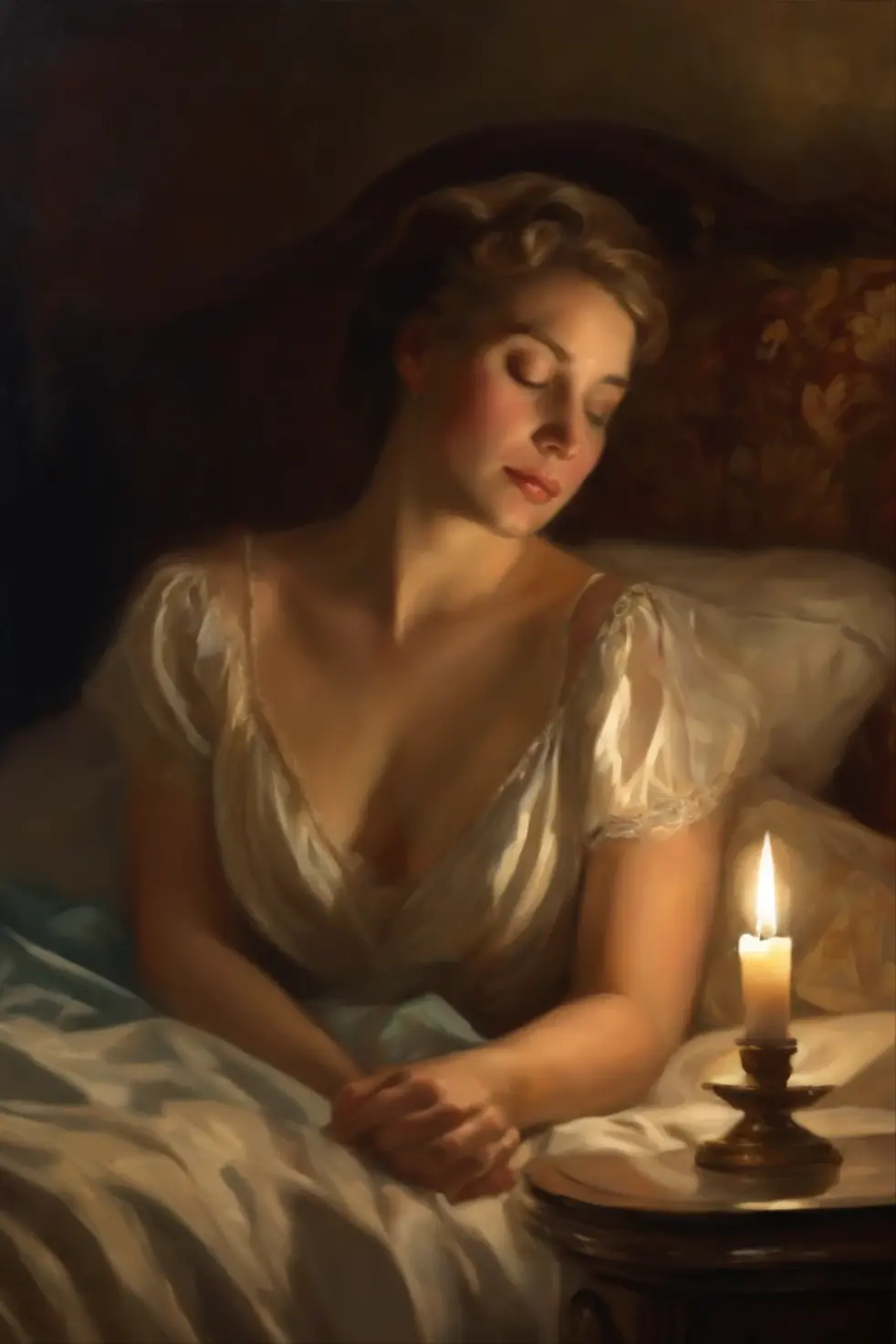 Image of Eleanor at Alexander's bedside, tears in her eyes,soft portrait lighting(medium),oil painting,emotional,close-up,Eleanor and Alexander,embrace,gentle touch,comfort,gentle whispering,colorful tapestry,velvet drapes,antique bedside table,vintage candlestick,emotional vulnerability,moment of love and sadness,deep connection,warm and tender,parting words,detailed facial expressions,masterpiece:1.2,ultra-detailed,realistic:1.37,rich colors,soft focus