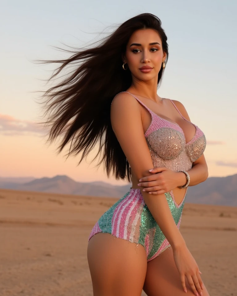 Image of a dark-haired woman with windblown curls, her hair is intertwined, like a flame against the twilight sky radiating beauty, Big breasts,   mascara, eyeliner, alluring necklace, wearing a gorgeous colorful dress , in mexico city , from behind, backside visible thong