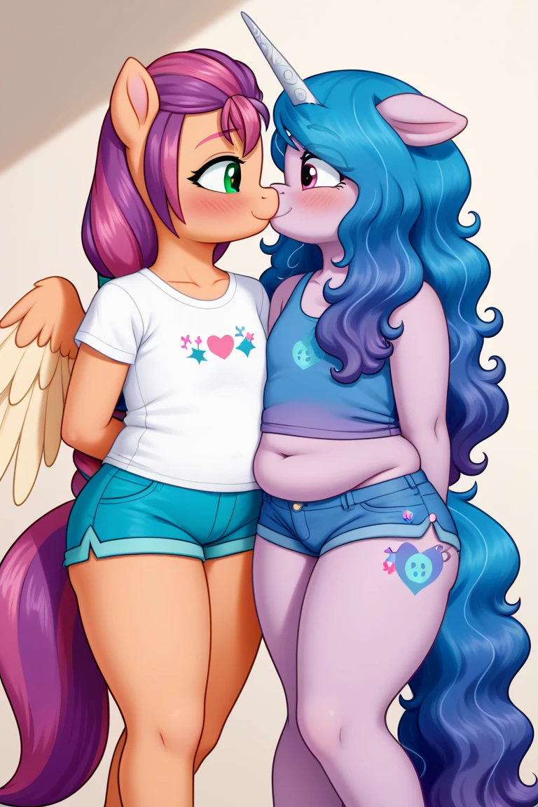 Alicorn princess female and Adagio Dazzle , white mane, ,black body color long flowing mane pink eyes anthro huge breasts , lesbians sexy jeans ,perfect body shape, love couple holding hands
Married