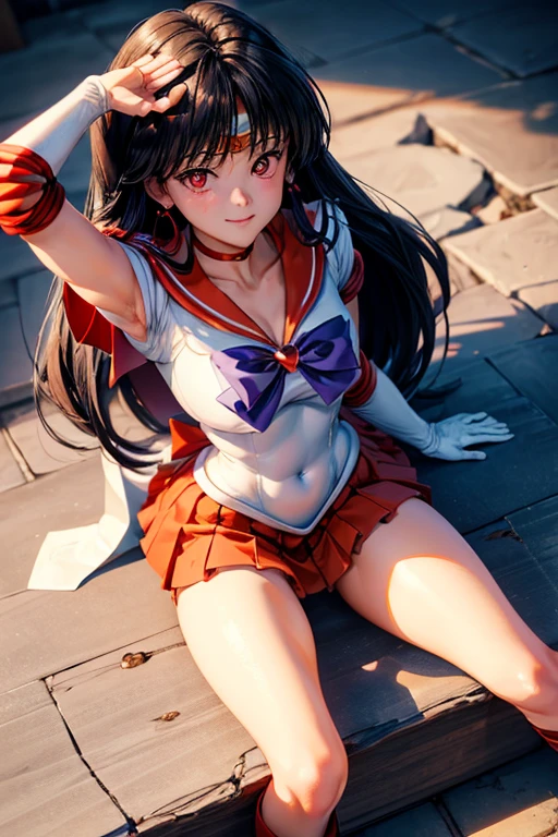 Beautiful woman in red sailor suit、The charm of exorcism、Ultra mini skirt、Composition looking up from below、Right hand behind the head、Sitting in a Chinese temple、Fully open legs、Dragon winds around、White panties are visible、beautiful thigh、Beautiful camel toe、Anime girl cosplay、cosplay foto、Anime Cosplay、Sailor Moon Style、Realistic style、Cinema Machine Shooter、8K Raw、Light effects in movies、A seductive anime girl、beautiful and seductive anime woman、anime goddess