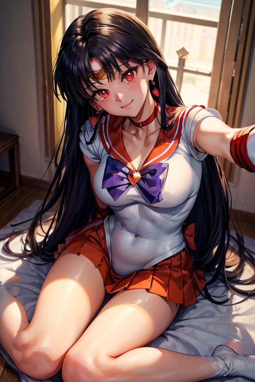 NSFW , (Highest quality:1.5, High resolution, 4K, Detailed lighting, Shaders),, tiara, Sailor Senshi Uniform, White gloves, Red Sailor Collar, Red Skirt, Star Necklace, Elbow hand pockets, Pleated skirt,, Purple ribbon, Denim photoshoot, front facing camera, Gentle expression, wind blowing hair, fluffy hair, hair ((black)), Bedroom ( masterpiece, Highest quality, 1girl, (nsfw:1.0), Spread your legs, seat, Elevate your legs, nude, (Pussy Focus:1.0) Sweat, Shiny skin, Heavy breathing, ( Sex, sexual intercourse, Insert, Hetero, Motion Lines, Motion Blur, Talking Spirit:1.1),