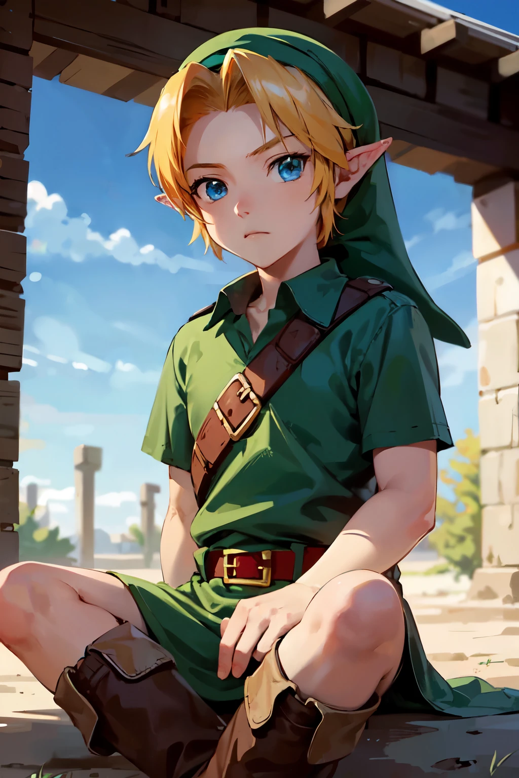 young link, Chico, by rubio, blue eyes, has, pointy ears, ((blue tunic, belt, Boots)), looking at the viewer, outside, desert, desert temple, sunny, extreme detail, HdR, beautiful quality, masterpiece, close up, upper body