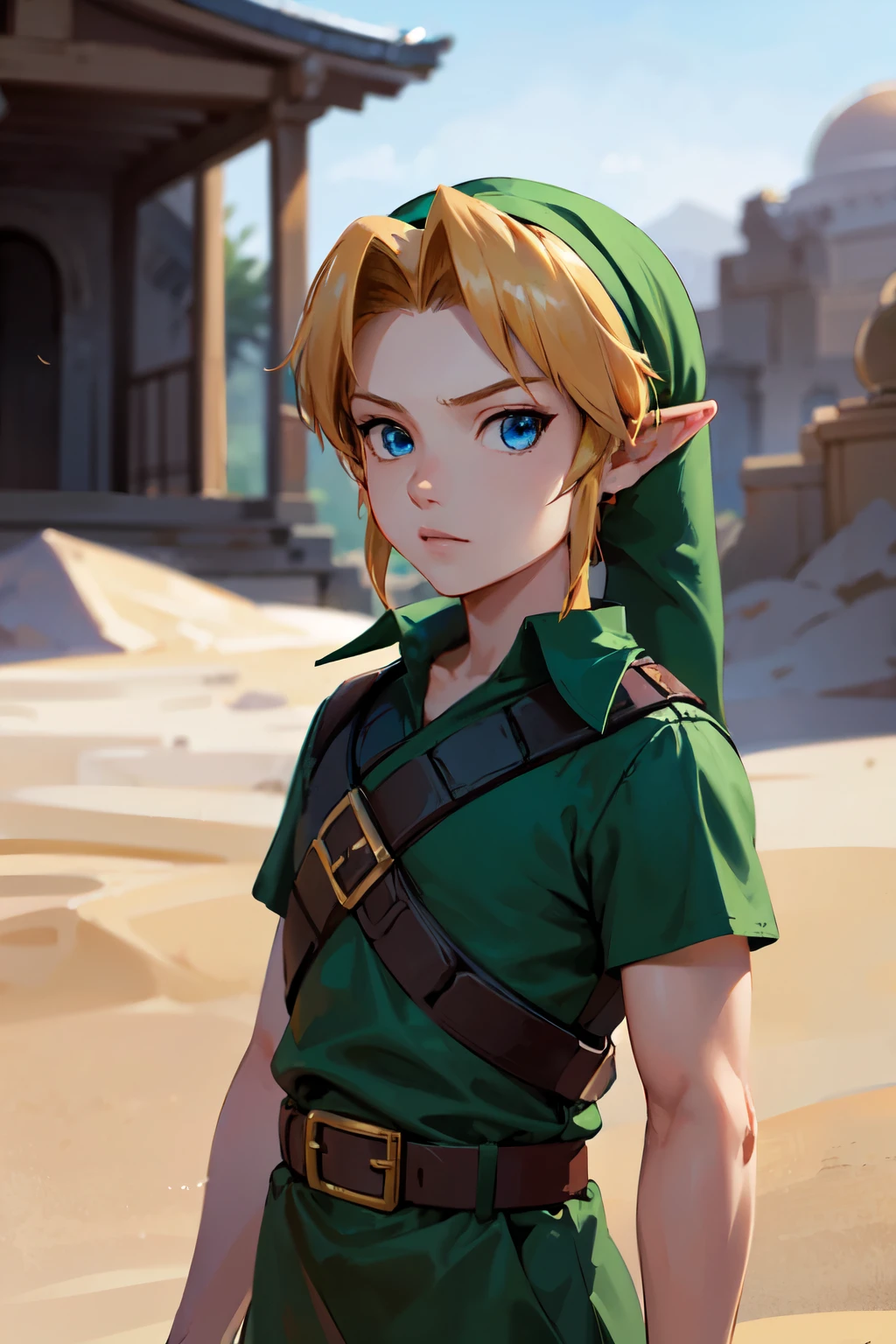 young link, Chico, by rubio, blue eyes, has, pointy ears, ((blue tunic, belt, Boots)), looking at the viewer, outside, desert, desert temple, sunny, extreme detail, HdR, beautiful quality, masterpiece, close up, upper body