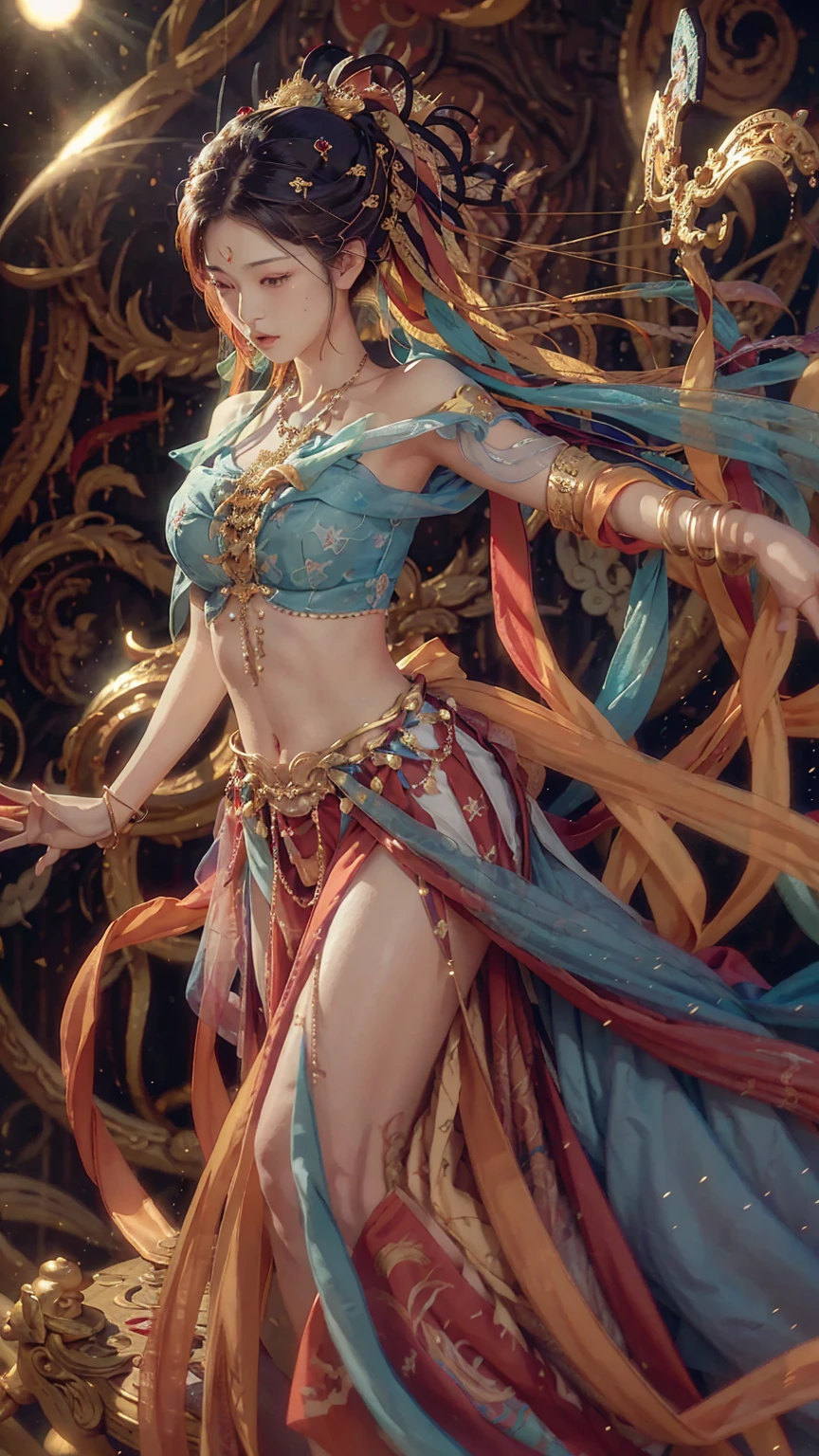 Dunhuang style, 1girle, shoulders, navel, flying fairy, Dunhuang mural in background, dance, Buddhist instrument in hand, black hair, very long hair, hair accessories, ribbons, earrings, gold jewelry, hair bubbles, red clothes, flowers on the head, gradient eyes, smile, surrealism, high detail, romanticism, cinematic lighting, glitter, reflected light, masterpiece, super detail, textured skin, anatomically correct, high detail, best quality, high quality, award-winning, 8K