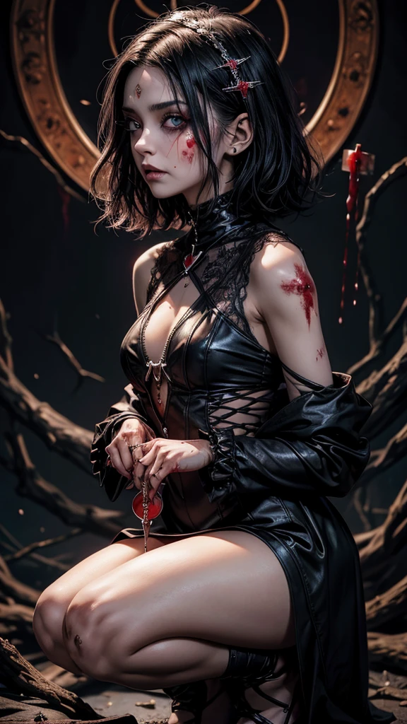 1 girl, sexy, beautiful samurai, katana, samurai, muscular abs, navel, fantasy, sensual, cropped corset goth top, beautiful asian goth girl, sexy, deep navel, heavy goth makeup, armpit, fighting, sweaty skin, blood, wounded, undead, red blood, horror, goth horror, samurai, near death, injured, tired, goth horror, horror, haunted, dripping blood, blood painted skin, blood all over the place, lay down on ground, wet skin, black eyes, red eyes, eyes hurt
