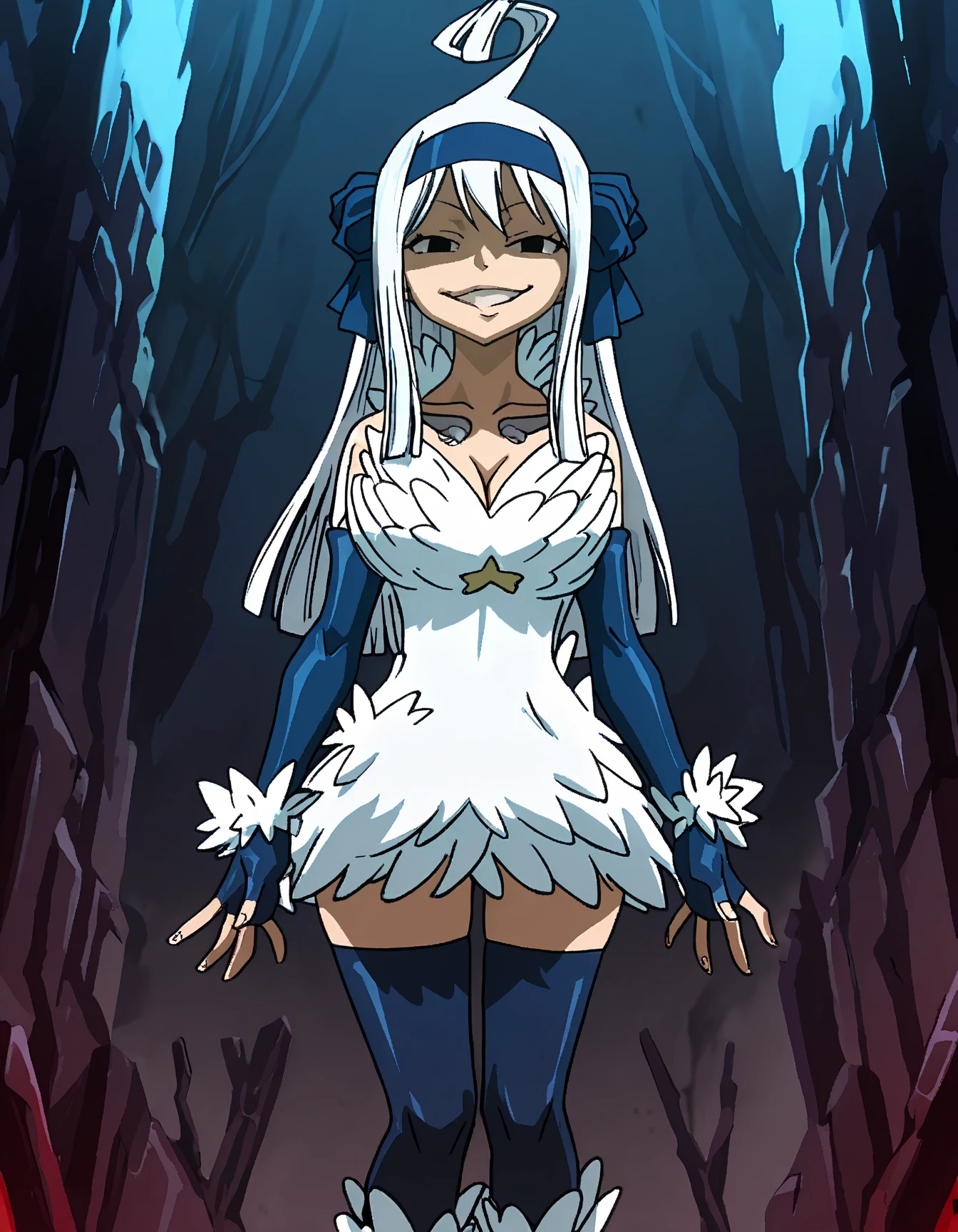 FAIRY TAIL ANGEL, LONG HAIR, BANGS, BLUE HAIR, HAIRBAND, BLUE HAIRBAND, AHOGE, THIGHHIGHS, GLOVES, DRESS, CLEAVAGE, ELBOW GLOVES, WHITE DRESS, 1girl, solo, facing viewer, (evil smile:1.3),Highly detailed CG Unity 8K wallpaper, perfect lighting,laugh at,evil smile,evil smirk,looking down at viewer,,smile bad,deep shaded face,too evil fall,dark world background,two hands,five fingers,two legs,