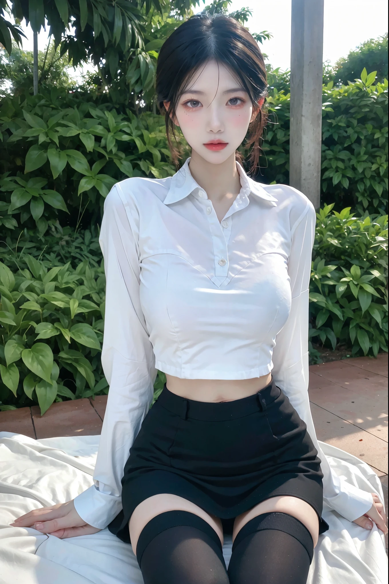 best quality, ultra high res, (photorealistic:1.4), 1girl, off-shoulder white shirt, black tight skirt, black choker, (faded ash gray hair:1), medium breasts, looking at viewer, closeup