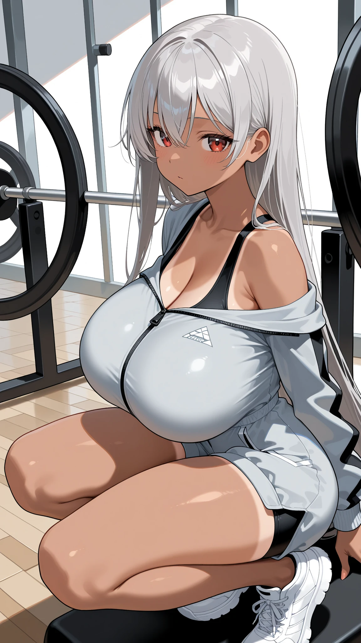 Anime girl big
Tight clothes
White hair
In gym