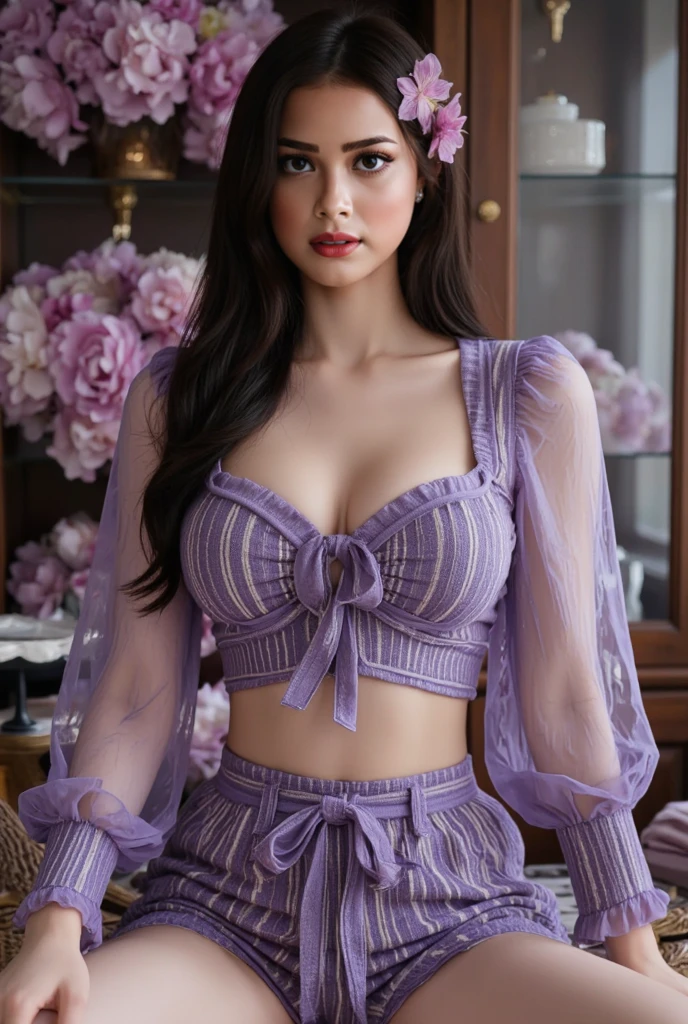 araffed woman in a purple outfit posing for a picture, very seductive pose, sexy :8, seductive pose, godess, curvy, satin, wearing an ornate outfit, traditional beauty, intricate outfit, seductive lady, sexy look, purple outfit, glamour pose, sexy pose, sensuous, wearing an elegant tribal outfit, alluring, glamorous pose, big , sexy cleavage show, full body wet