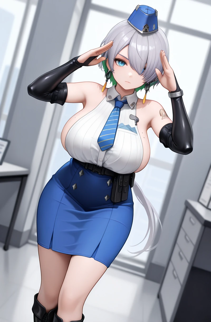 masterpiece, high quality, detailed eyes,
1girl, nikkebrid, low ponytail, hair over one eye, (woman:1.0), large breast, (voloptuous:1.2), (thick ass:1.0), (tall, leggy:1.0), glistened skin, oiled skin, shiny skin, smile, (muscular:0.7), (pubic tattoo:1.0),
solo, looking at viewer, cowboy shot, indoors, office, night, (contrapposto:1.0), standing, garrison cap, (sleeveless shirt), (pelvic curtain, loincloth:1.3), blue necktie, belt pouch, elbow gloves, thighs boots, shoulder tattoo, necklace, navel, heart earing, choker, thigh strap, covered nipple, cameltoe, cleft of venus,