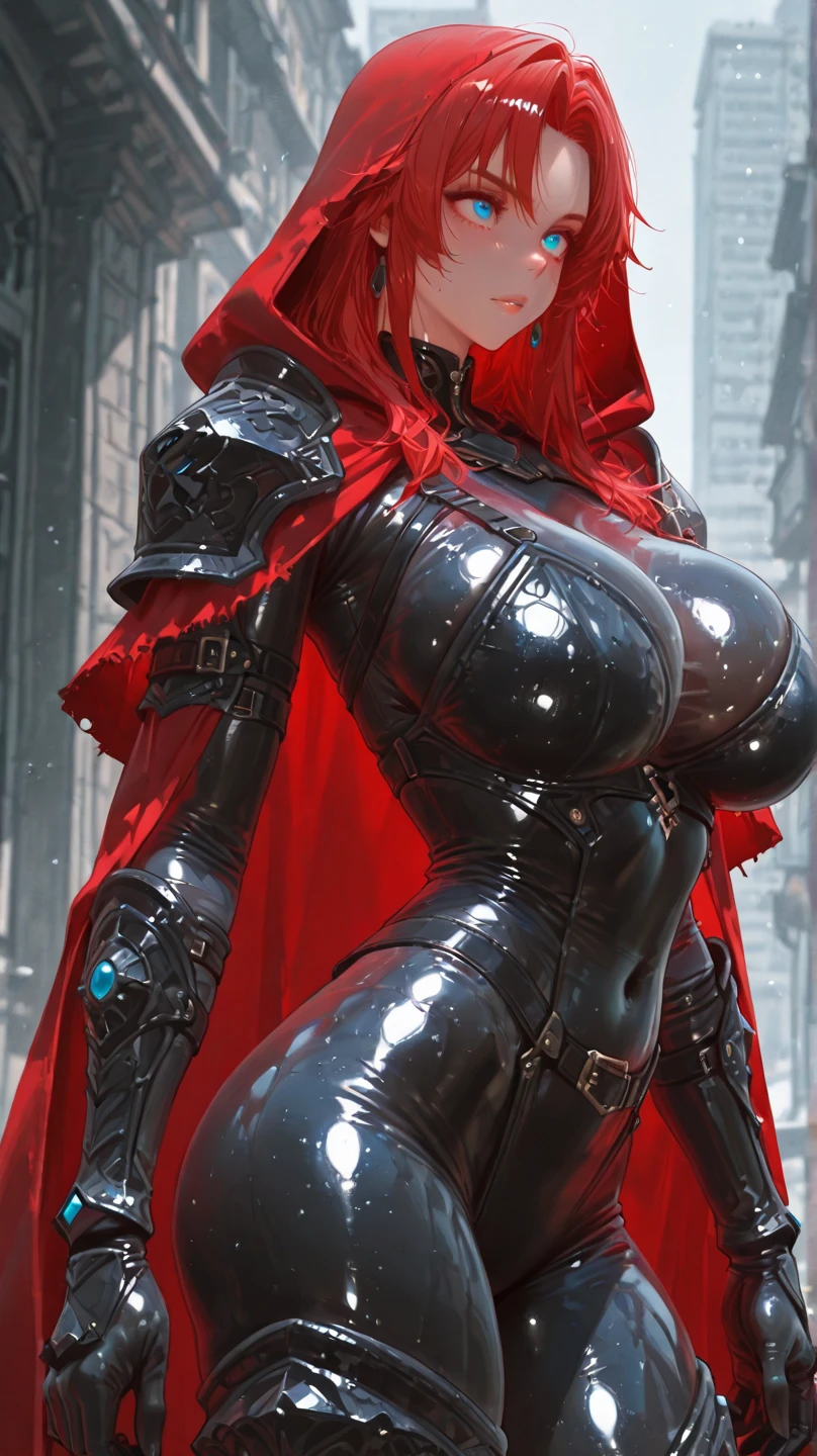 a woman with red lipstick has armor on and is holding a sword, kirijou mitsuru, 1girl, solo, hair over one eye, long hair, (((red hair))), weapon, (rapier), bodysuit, black bodysuit, grey bodysuit, hand on hip, (((large breasts))), (purple theme:1.2), ((indoors)) (In Baroque style hall:2), queen, ((majestic)), graceful, perfect face, beautiful face, perfect female body, mature female, (glowing red eyes:1.2), short ponytail, Queen's crown, darker violet gossamer veil, royal red cloak with jewels and fur, royal red shawl with jewels and fur, (earrings), (jewels, jewelry:1.2), head ornaments, (hands ornaments), legs ornaments, (high heels), Narrow waist, big ass, wet, wet body, sweating body, shiny skin, ((no close up)), (8k, RAW photos, highest quality, masterpiece: 1.7). (Realistic, Photorealistic: 1.9)