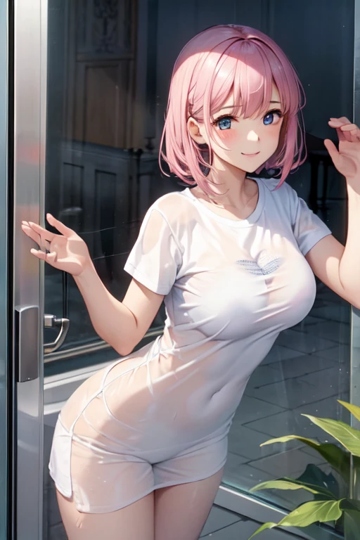 (Unity 16K Wallpaper, Masterpiece, Best Quality, Ultra Detailed, Extremely Detailed CG, Ultra High Resolution, Caustics, Detailed, Beautiful Detailed Eyes, solo, curby:1.3, spread legs:1.3, negligee, blush), fine skin, smile, cowboy shot, pink hair