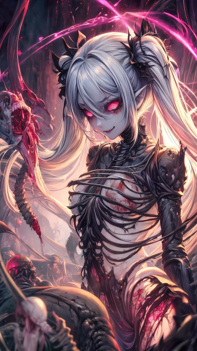 1girl, horror, dark elf princess, elden ring, (dark grey skin:1.5), true white long ponytail, ((perfect red eyes)), elf ears, earrings, detailed blood, highly detailed mechanical horns, (small breasts), ((black gothic prom dress)), wearing black fur cloak, bone armor, skull armor, volumetric lighting, ethereal fog, dark background, ultrasharp, best quality, masterpiece, realistic, anatomically correct, (strong cinematic lighting), ((rim lighting)), stunning details, intricate details, 8k post-production, high resolution, super details, sharp focus, depth of field f/1.8, studio photos, (((looking in the distance)))