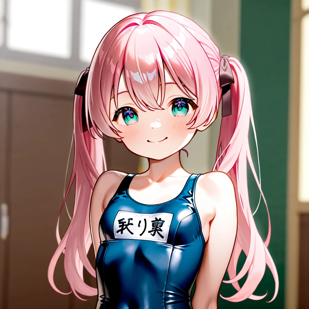 8K quality,(super masterpiece:1.3),Highest quality,Detailed Images,1 female,symmetrical beauty,10th Generation,Medium build,(smile,smile),(Pink Hair,Long Hair),(Thick eyebrows,Thick eyebrows),(Droopy eyes,Green Eyes,Green Eyes,Bright Eyes),(Large Breasts,F cupの胸),Tan Skin,(School Swimsuit),(Draw the whole body),(Face directly towards the camera,Looking directly at the viewer,looking at the camera,The body faces the viewer,The body is facing the direction of the camera,Face looking straight into the camera).