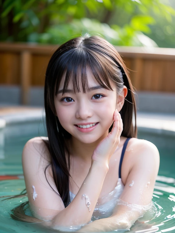photo realistic, 1girl, long hair, black hair, pool,(ponytail hair),(Nude), swimming competition, fighting pose, light smile, Primary school students, 7yo、spread leg