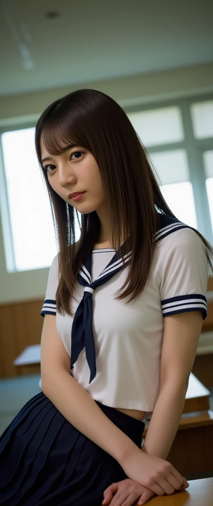 top-quality、masterpiece、超A high resolution、(Photorealsitic:1.4)、Raw photo、女の子1人、Brown hair with bangs、drooing eyes、thin-waist、Colossal tits、Japan schoolgirl sailor suit、Inside the classroom、slick skin、slim figure、Light smile with visible teeth