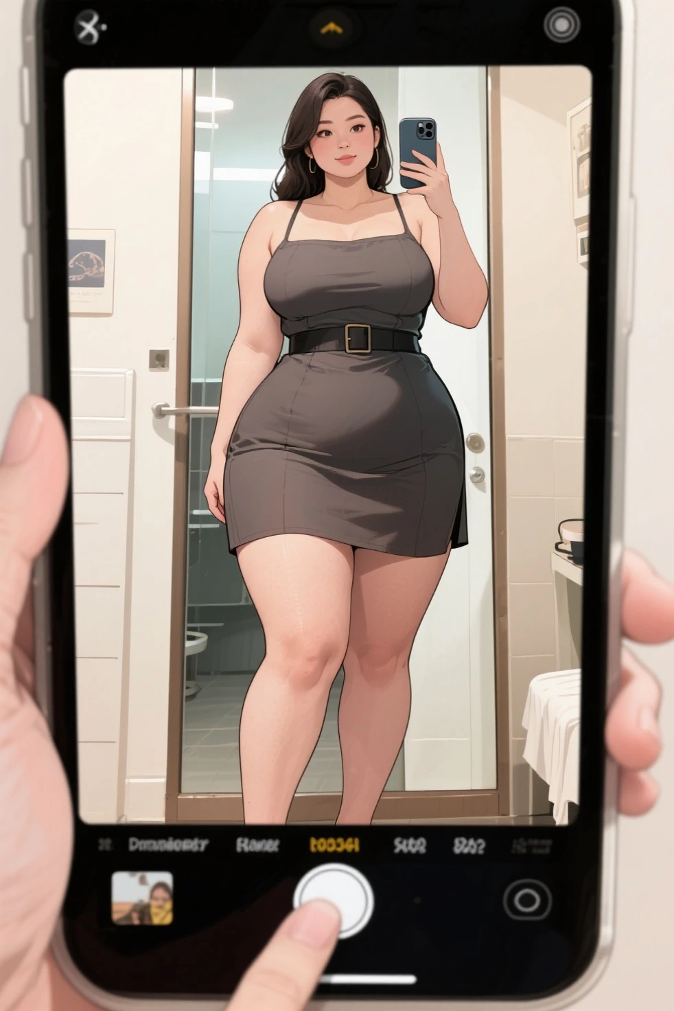 Young, taking picture in the mirror, with bra marked, big tits, short shorts showing panties, big thighs, big ass, chubby, with her tongue out