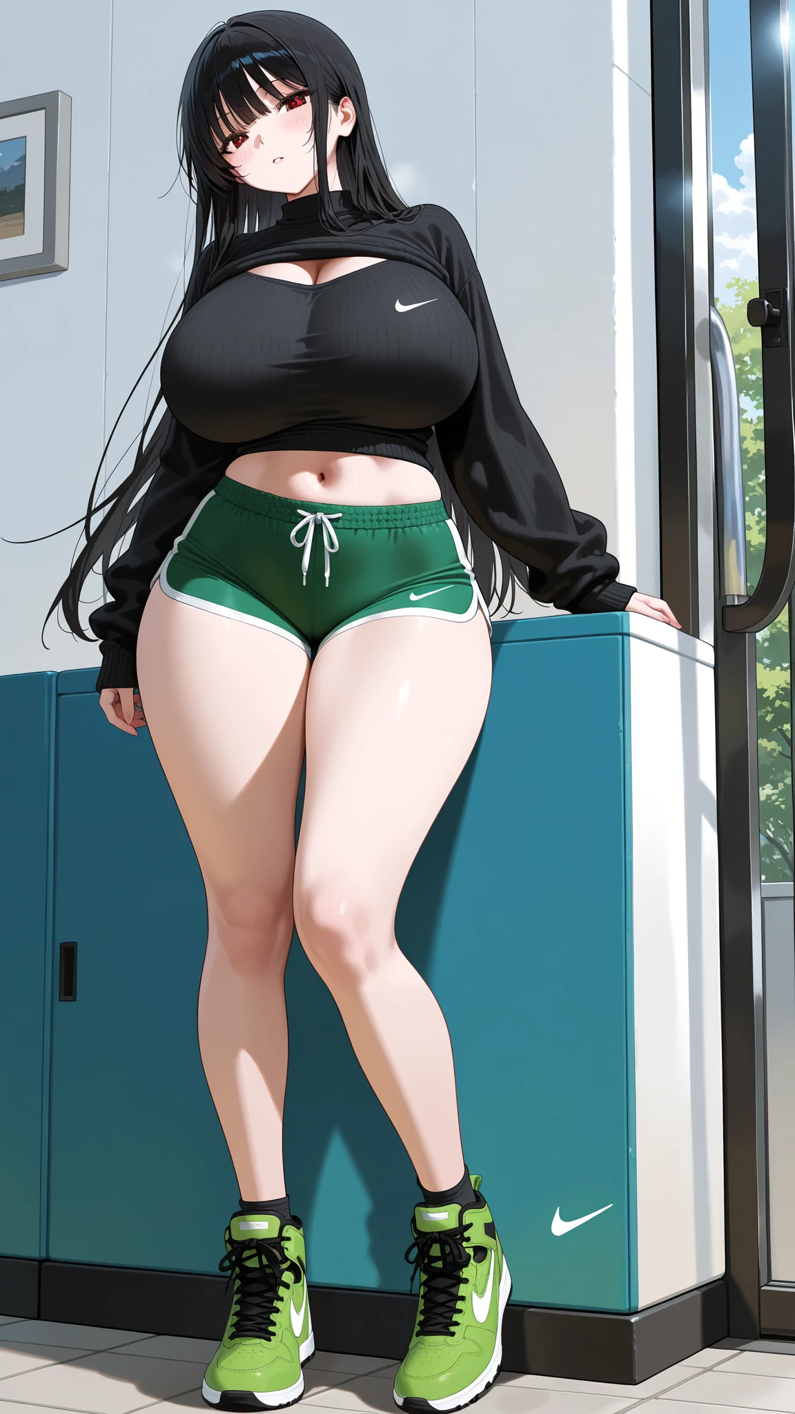 Voluptuous woman with a curvy body, wearing a green and yellow and red sports bra, Sport shorts, in a park, training, exhausted, depth of field, bokeh,