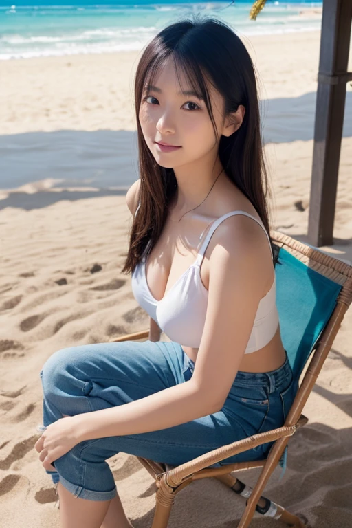 one girl、Gradient hair that changes from red to white、Big ribbon hair ornament、Very cute、small breasts、cool ethnic costumes、An ennui look、Southern island resort facilities、sitting on a hanging chair made of cast iron、swing-like chair、(((I can see the sea、Marine Blue)))、RAW photo、highest quality、High resolution、Highest image quality、master piece:1.3、