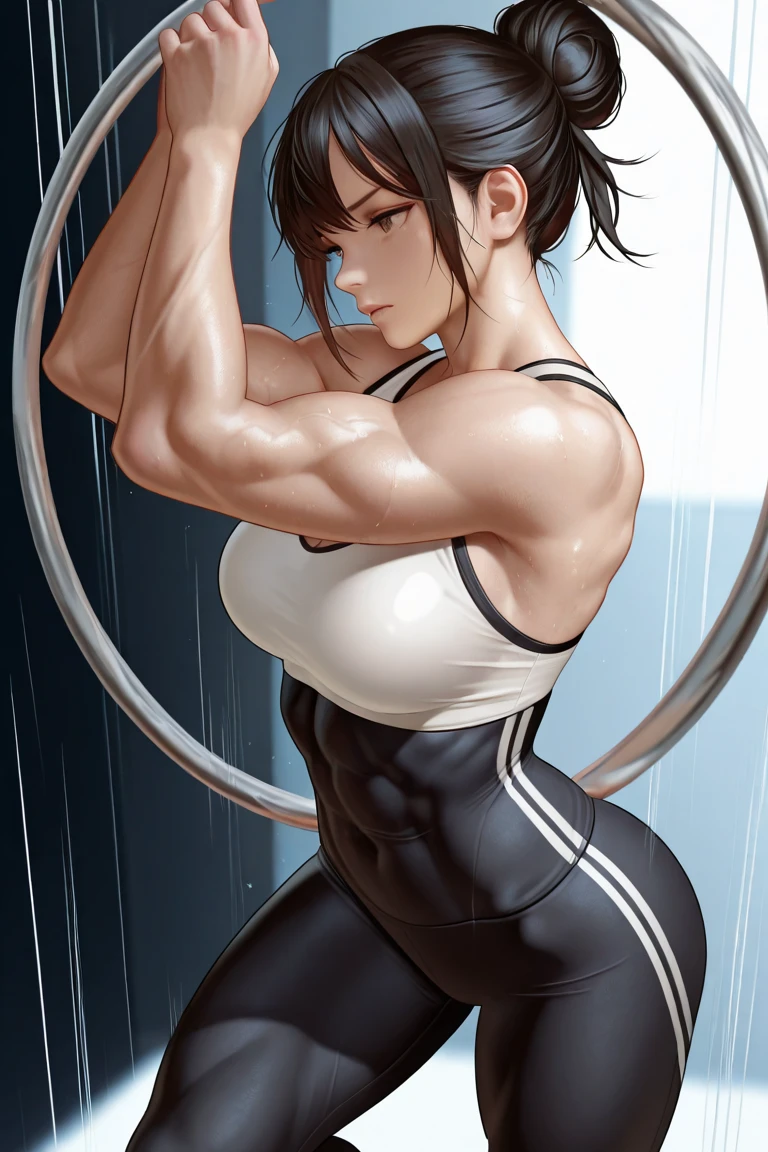 (Sweat, White skin:1.5、Grey sports bra), Muscular arms, wide back、Plump body, Brand logo on the bra, Fitness, Bodybuilding Poses