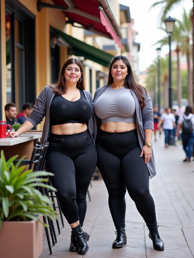Sexy hot girl, perfect face, perfect body, huge tits, thick legs, curvy, black tank top, Grey stretch pants, standing, in street, solo, full body,
