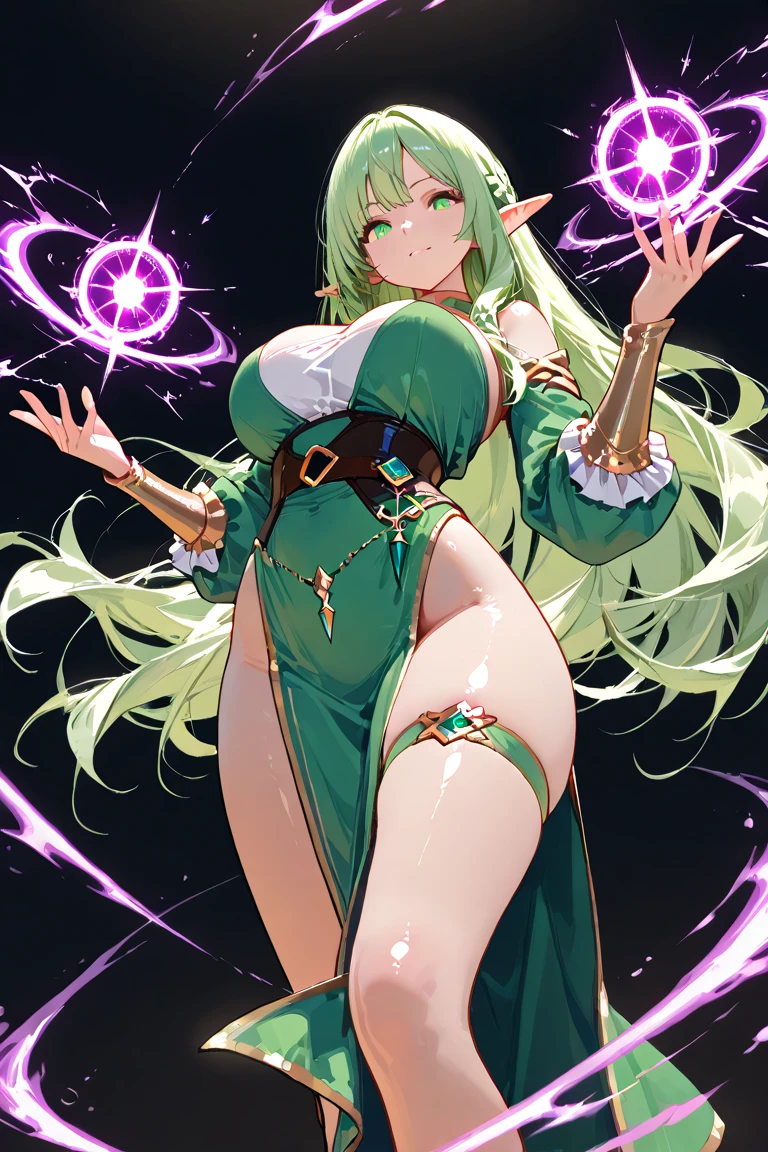 (girl1), (anime), white, with long green hair, jade green eyes, an 18 year old woman, with white stockings and a sexy dress, wearing a heroine costume consisting of a white sleeveless swimsuit with purple details and a yellow crescent moon on his chest. She also wears purple high boots, white spiked gloves and metal plates on her waist and feet, (look at the size of her breasts, they are size AA+:1.5)