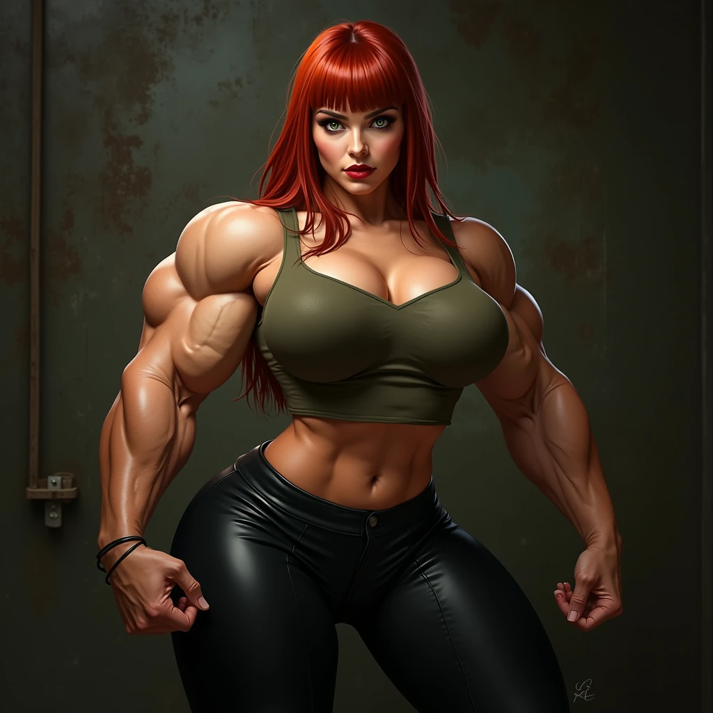 ((Close-up)), tall, (red hair) beautiful sweaty muscular woman, long hair, pale white skinned, closed smile, (black lipstick), ((massive muscles)), (hyper muscle), (ginormous bulky muscles), yellow eyes, (black sports bra), (black dolphin shorts), choker, sneakers, ((carrying a massive car tire in hand)), in a steamy weight room, 