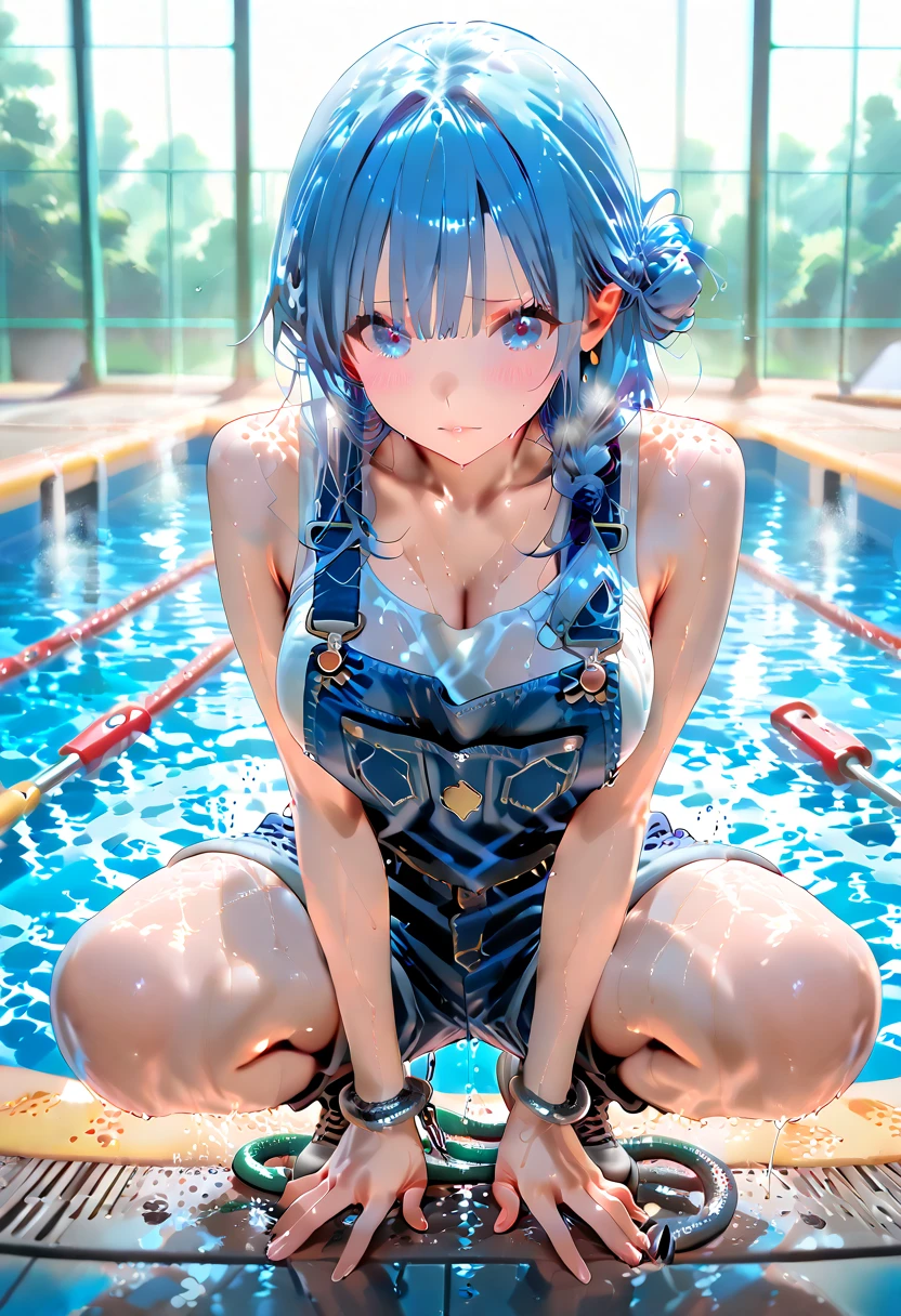 Absurd, Super detailedな,(In 8K:1.3),Masseter muscle area,(masterpiece:1.2)、(Highest quality)、4K、Super detailed、(Movement Structure:1.4)、(Shining Lights）, High resolution, Best Quality、(One girl:1.4),Super detailedな,Bright colors、Treebreak Production Art,High-level image quality、Fine image quality、Intricate details,Volumetric Lighting,Realism BREAK、Profile、 Idol face、15 years old、Very beautiful face and eyes, Beautiful images、 natural make up、puffy eyes、catchlight eyes、deep detailed eyes、 (Big Tits)、(glossy skin :1.5), (Light blue hair,short hair、blunt bangs:1.2)、 (orgasm face)、 (A school swimsuit with a vivid texture:1.3)、(Breast bag)、 (School poolside),(Baby Face:1.2)、(shoot from behind)、nice butt