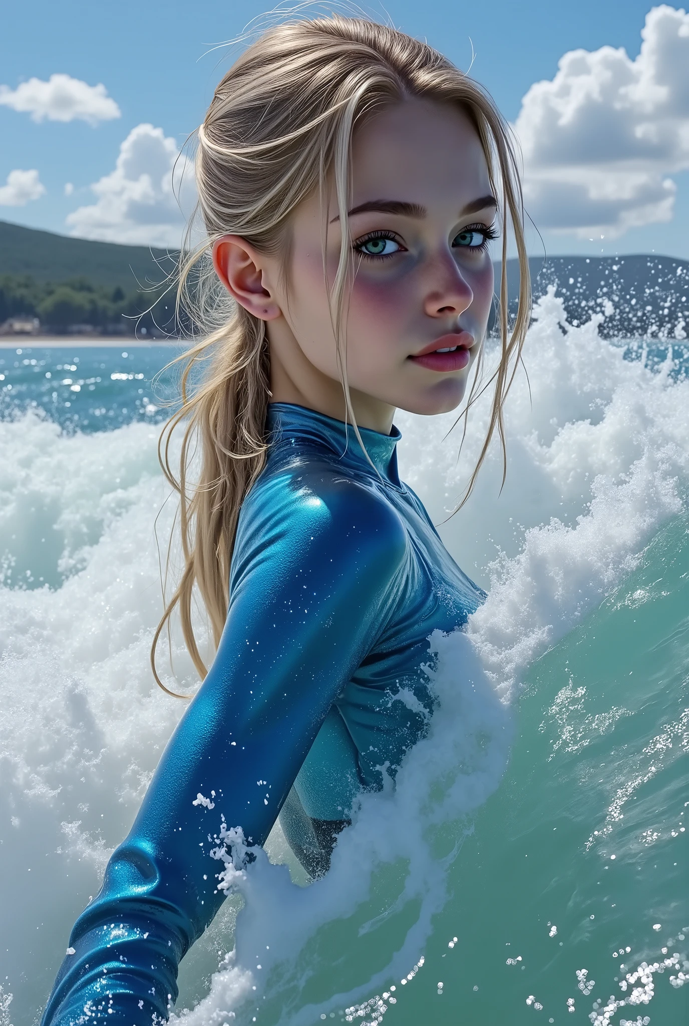 {((only one surfboard on the sreean:1.4)) (((extremely fast surfing on surfboard,, on top of a breaking wave in the sea)  :1.35))) A (1 girl: 1.3)24-years-old、with perfect figure (((Full body shot:1.35))), ((Ultra-realistic最high quality、 8K、 The ultra -The high-definition))、(photorealistic: 1.75)、(Realistic: 1.75 )、(masterpiece)、((absurdres))、 ((sharp focus))、((perfect figure))}、((Very detailed facial and skin textures))、(Realistic faces)、Original photo、(Very beautiful, detailed face :1.43)、(very detailed eyes: 1.35)、(very detailed lips: 1.21)、(very detailed nose: 1.mall head: 1.4))、 full body esbian、((High Contrast))、((Erotic:1.6))、(((dynamic random fancy, professional hairstyles:1.32)))、((random expressions))、((firm full breasts:1.5))、 (narrow waist:1.3)、medium ass、 beautiful cheekbones、 (slim belly: 1.3)、((well-muscled body:1.3))、 ((slim face)), ((anatomically correct)), ((Wetty, Wet hair)), (((surfing on the waves:1.45))), ), ((very intricate design of wetsuit:1.34)), (Super Shiny ​​blue swimming wetsuit:1.4), (Ultra-tight wetsuit with super reflective:1.25)、((super sophisticated, extravagant, exposed sexy swimming wetsuit outfits)), (big open cut: 1.4), Landing of the winner in the international surfing competition、Looking at Viewer, Sunlight,