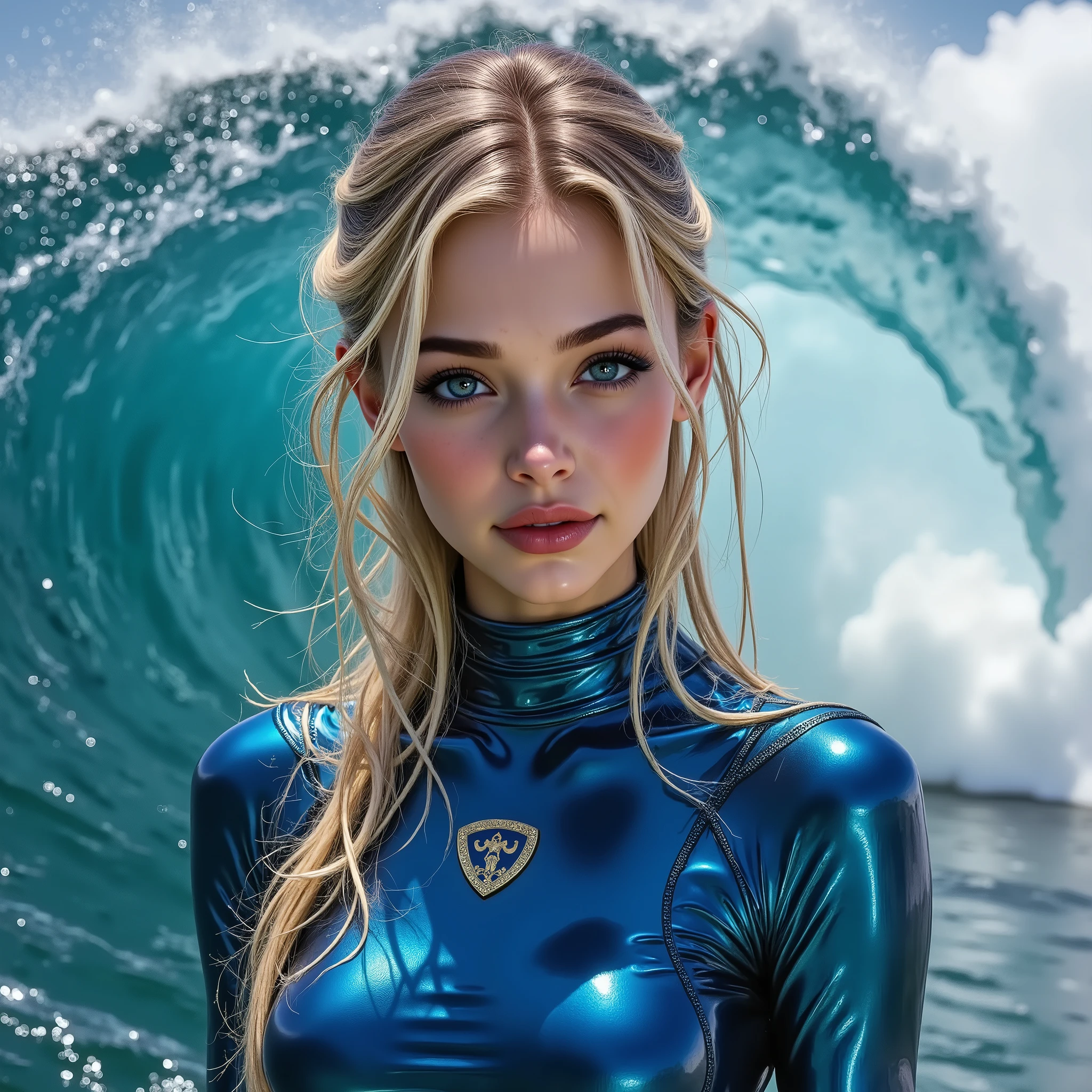 {((only one surfboard on the sreean:1.4)) (((extremely fast surfing on surfboard,, on top of a breaking wave in the sea)  :1.35))) A (1 girl: 1.3)24-years-old、with perfect figure (((Full body shot:1.35))), ((Ultra-realistic最high quality、 8K、 The ultra -The high-definition))、(photorealistic: 1.75)、(Realistic: 1.75 )、(masterpiece)、((absurdres))、 ((sharp focus))、((perfect figure))}、((Very detailed facial and skin textures))、(Realistic faces)、Original photo、(Very beautiful, detailed face :1.43)、(very detailed eyes: 1.35)、(very detailed lips: 1.21)、(very detailed nose: 1.mall head: 1.4))、 full body esbian、((High Contrast))、((Erotic:1.6))、(((dynamic random fancy, professional hairstyles:1.32)))、((random expressions))、((firm full breasts:1.5))、 (narrow waist:1.3)、medium ass、 beautiful cheekbones、 (slim belly: 1.3)、((well-muscled body:1.3))、 ((slim face)), ((anatomically correct)), ((Wetty, Wet hair)), (((surfing on the waves:1.45))), ), ((very intricate design of wetsuit:1.34)), (Super Shiny ​​blue swimming wetsuit:1.4), (Ultra-tight wetsuit with super reflective:1.25)、((super sophisticated, extravagant, exposed sexy swimming wetsuit outfits)), (big open cut: 1.4), Landing of the winner in the international surfing competition、Looking at Viewer, Sunlight,