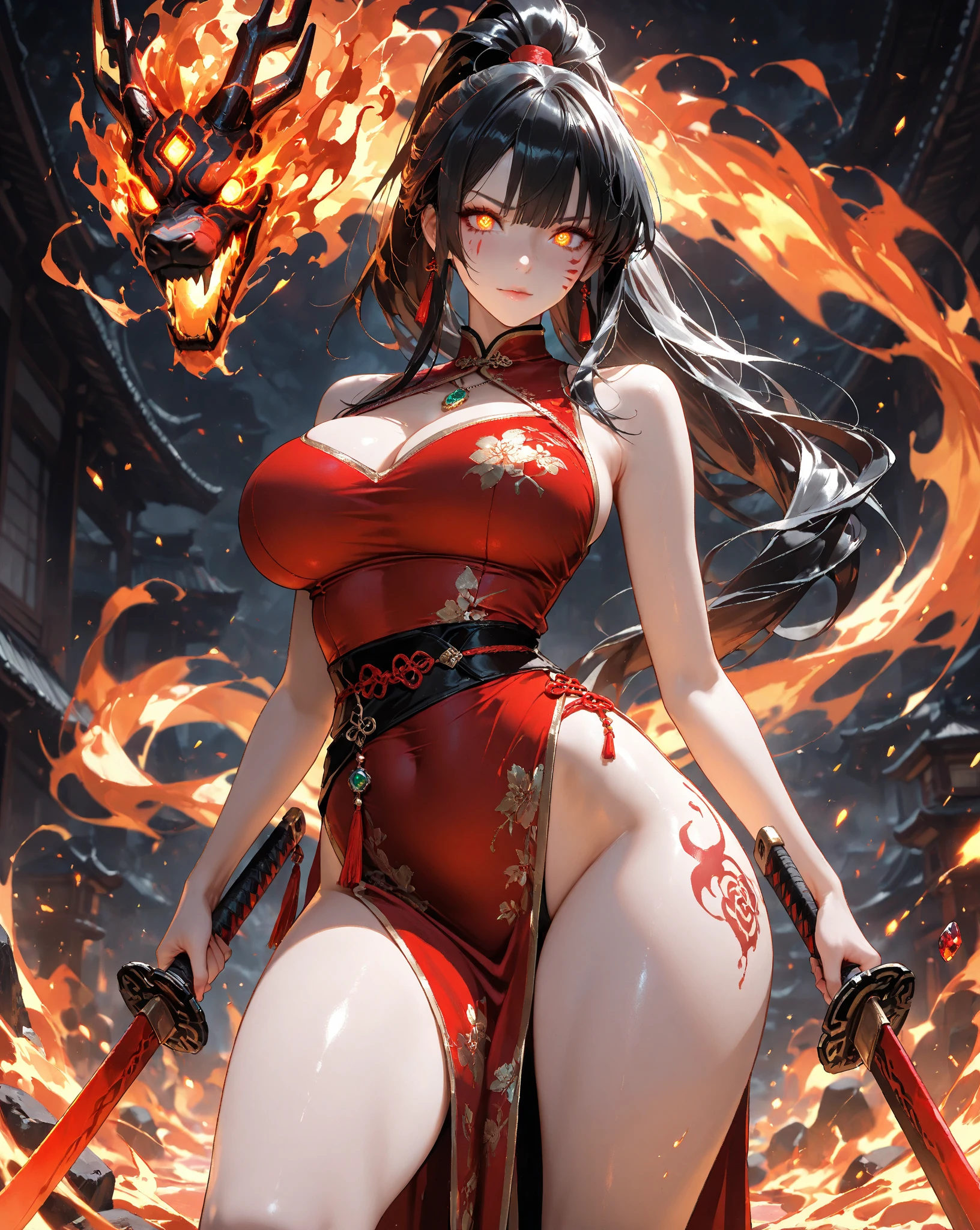 zombie,Chinese style,No underwear,Large Breasts,Showing chest and legs,deep mountain,fangs,blood,Transparent clothes,bulge